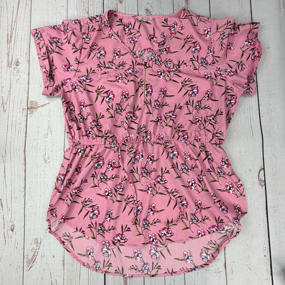 MPH Collection Pink Floral Zip Neck Cinched Waist High Low Top 3X